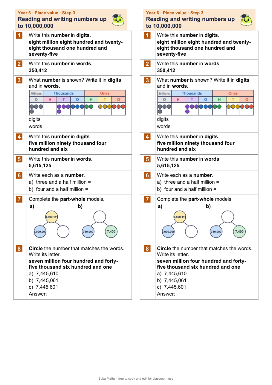 First page of the not scaffolded Reading and writing numbers up to 10,000,000 sheet, printed twice side by side
