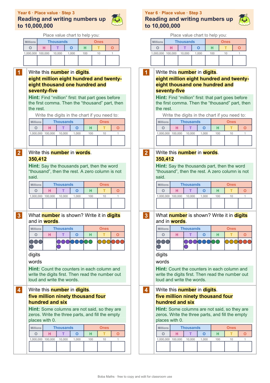 First page of the scaffolded Reading and writing numbers up to 10,000,000 sheet, printed twice side by side