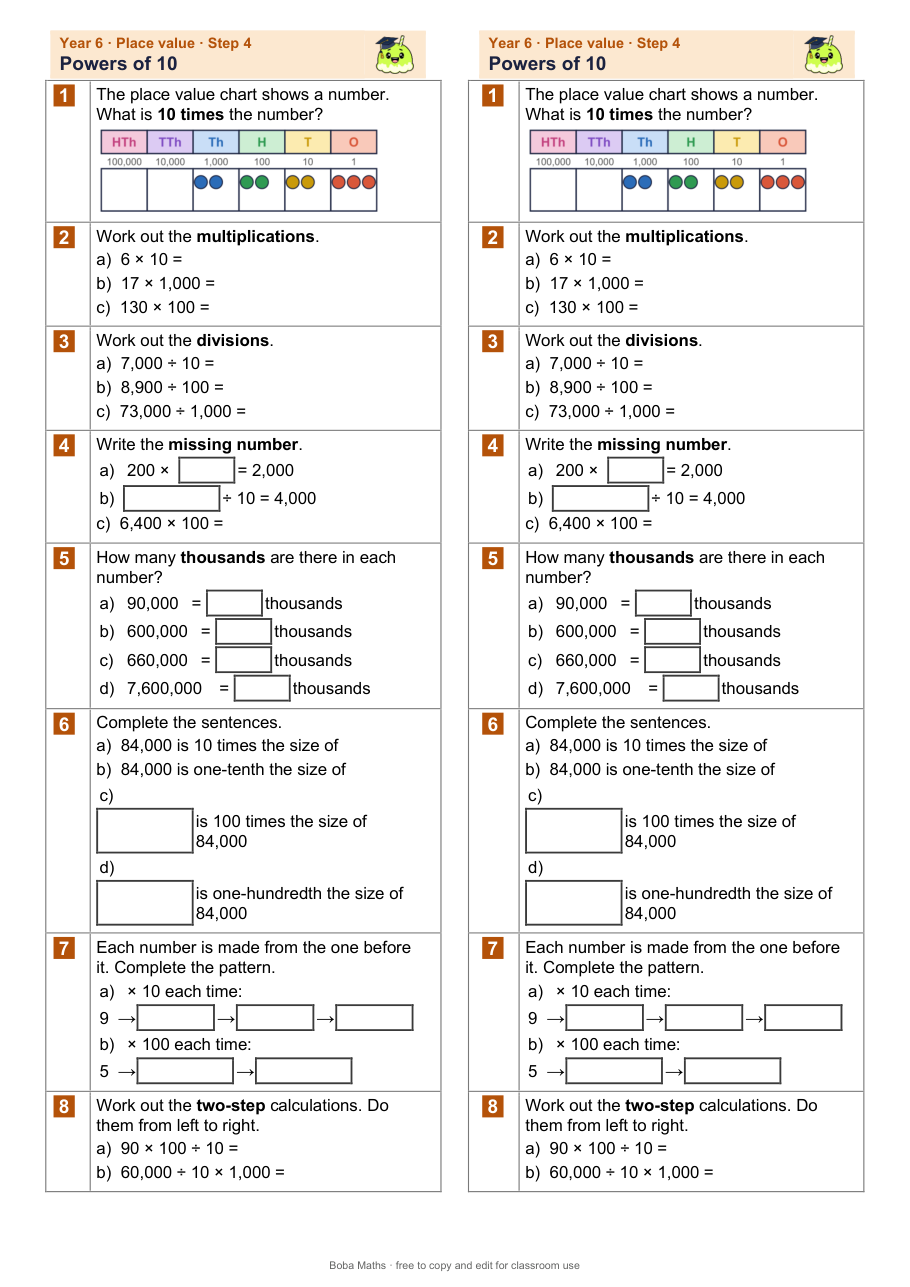 First page of the not scaffolded Powers of 10 sheet, printed twice side by side