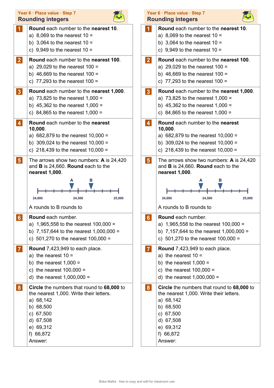 First page of the not scaffolded Rounding integers sheet, printed twice side by side