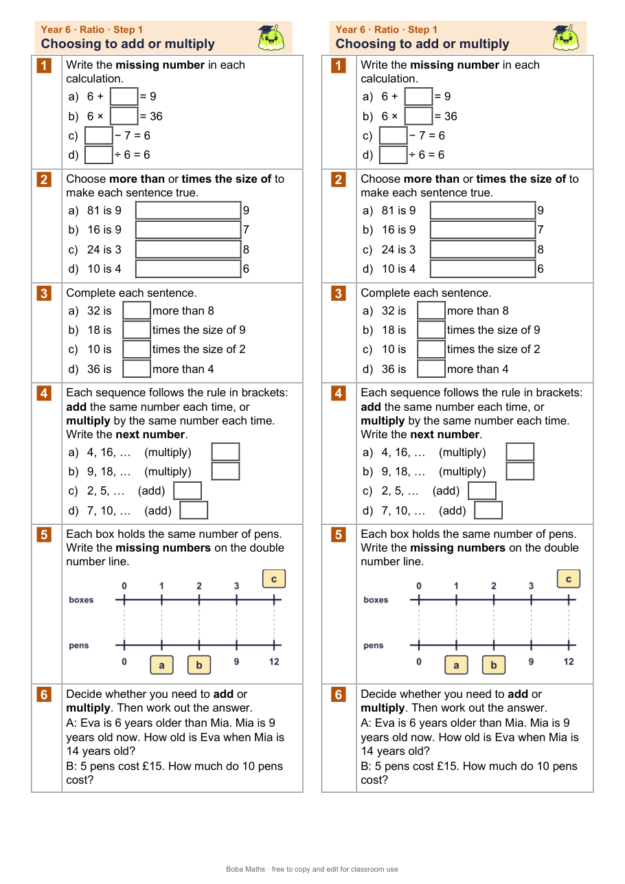 First page of the not scaffolded Choosing to add or multiply sheet, printed twice side by side