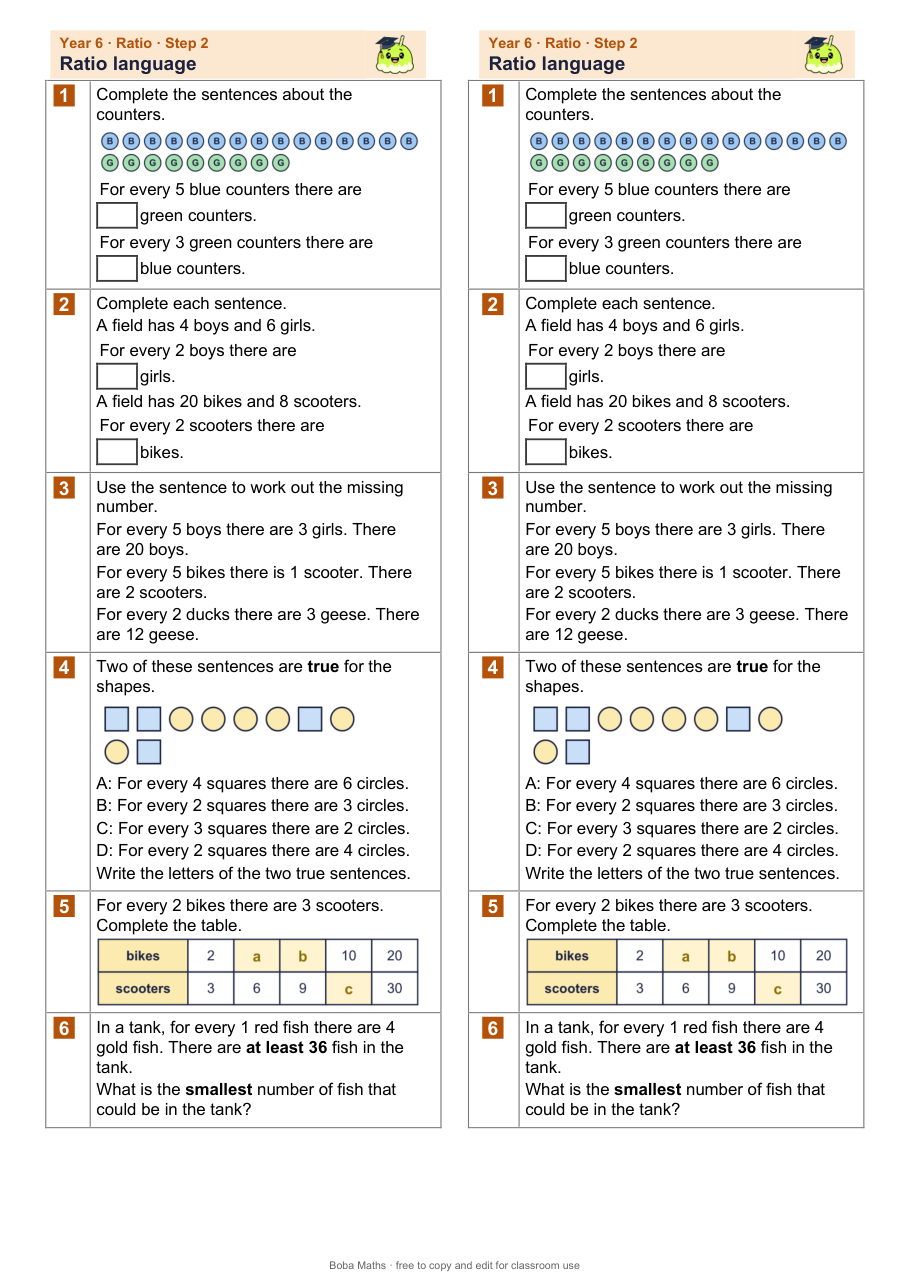 First page of the not scaffolded Ratio language sheet, printed twice side by side