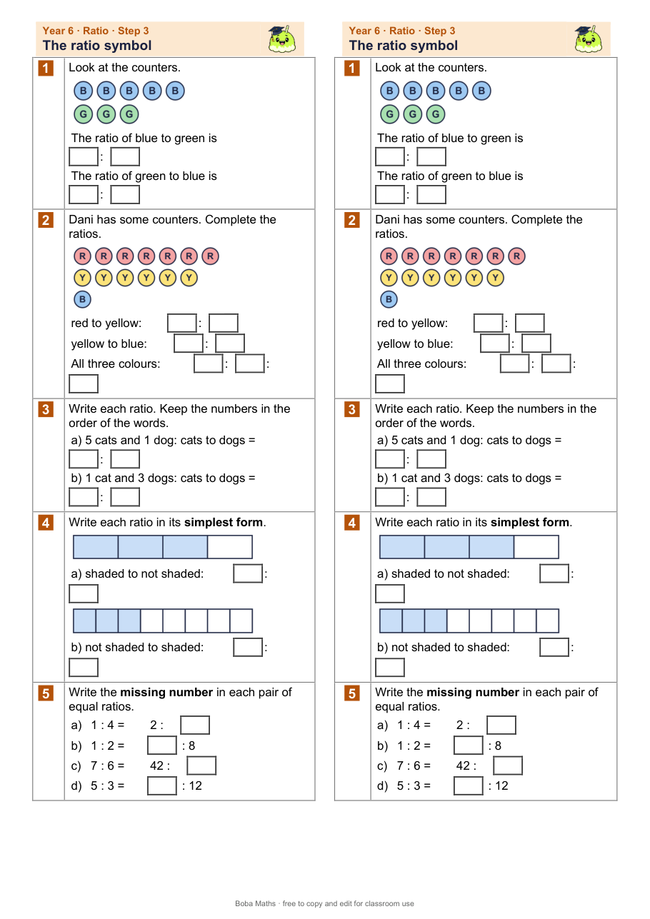 First page of the not scaffolded The ratio symbol sheet, printed twice side by side