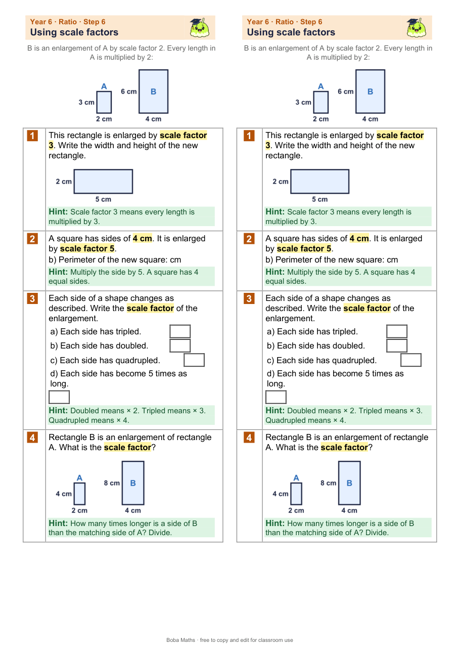 First page of the scaffolded Using scale factors sheet, printed twice side by side