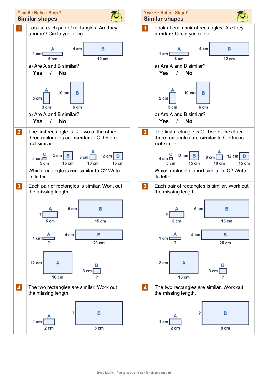 First page of the not scaffolded Similar shapes sheet, printed twice side by side