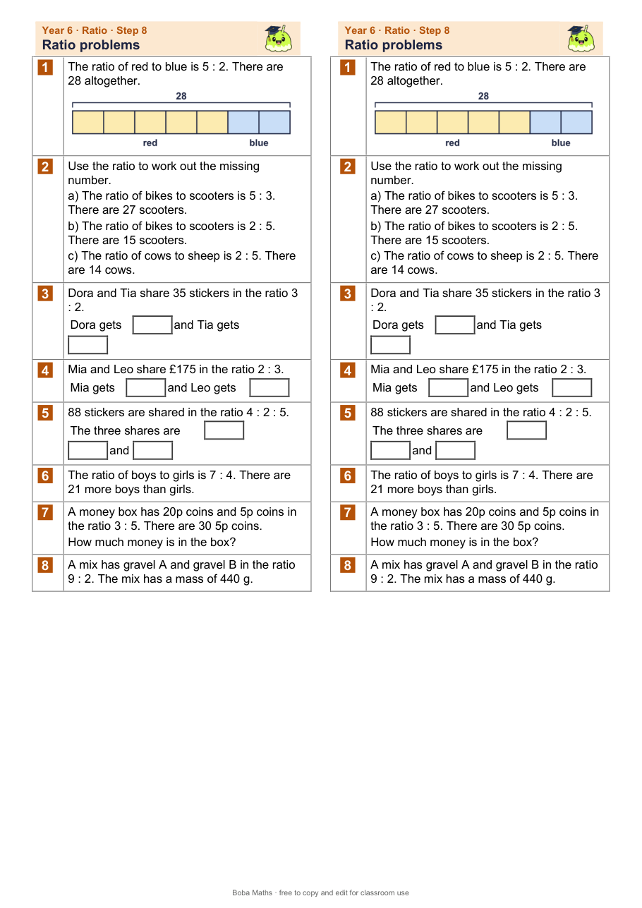 First page of the not scaffolded Ratio problems sheet, printed twice side by side