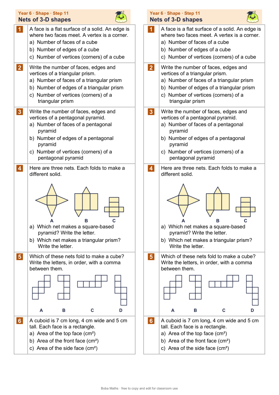 First page of the not scaffolded Nets of 3-D shapes sheet, printed twice side by side