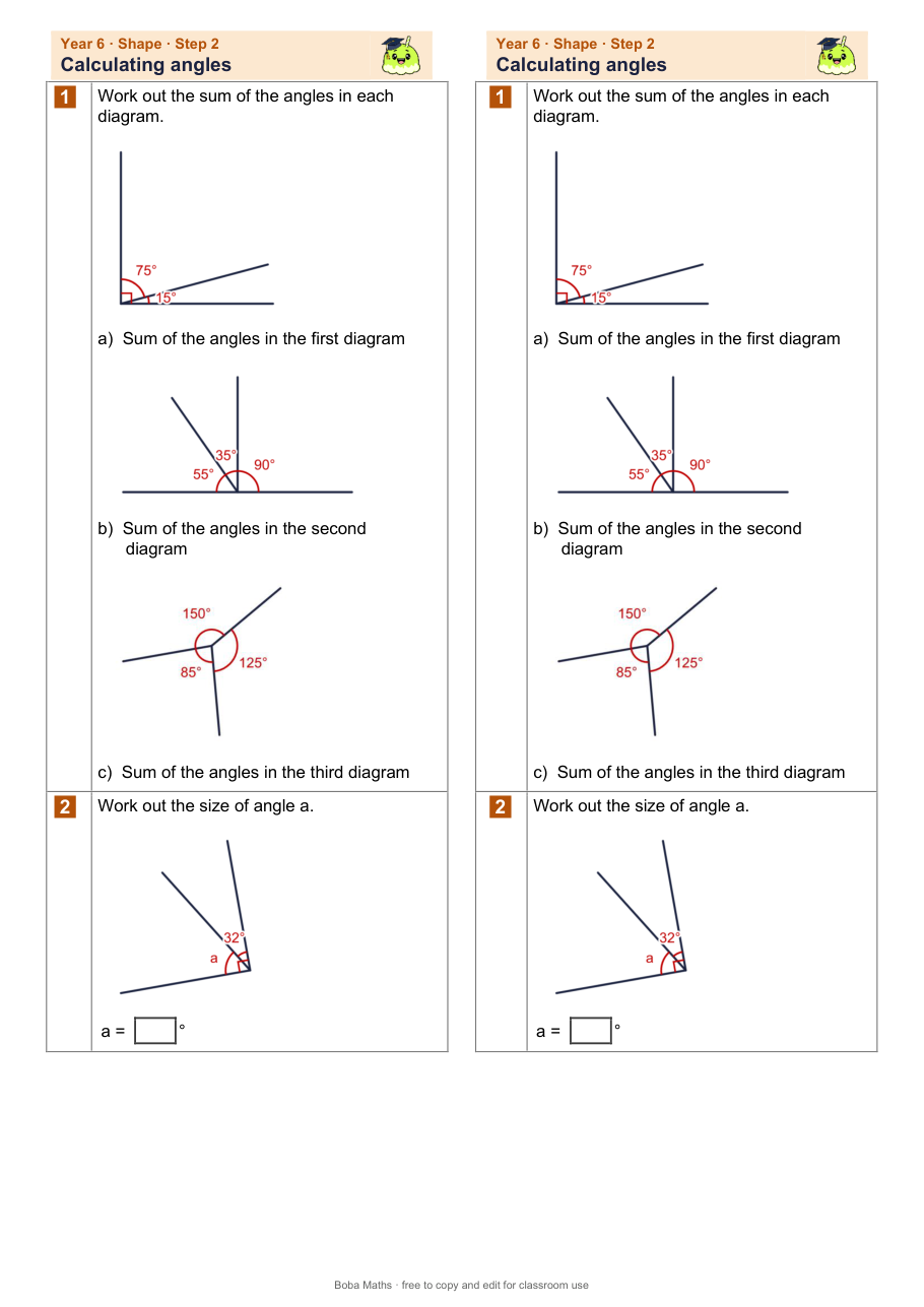 First page of the not scaffolded Calculating angles sheet, printed twice side by side