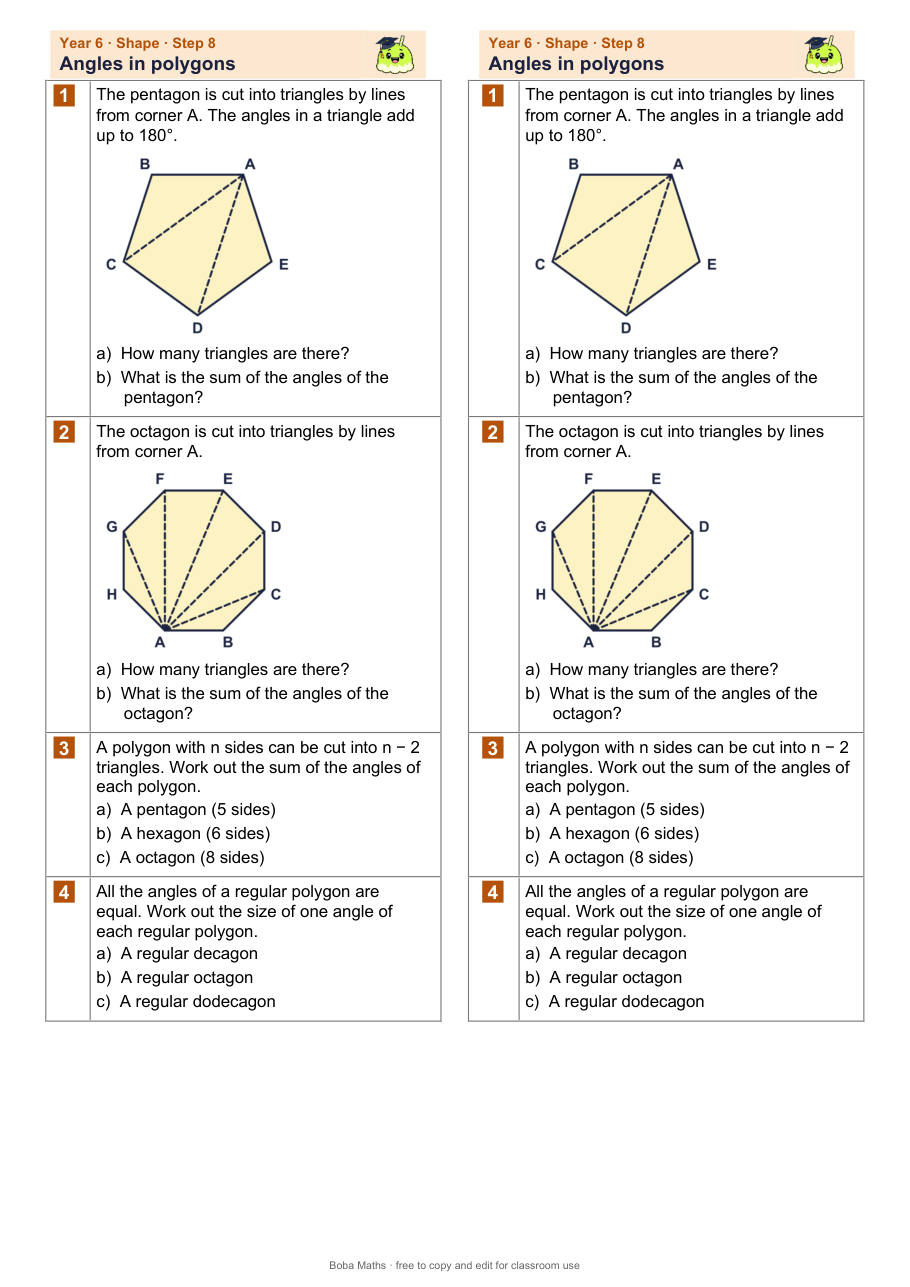 First page of the not scaffolded Angles in polygons sheet, printed twice side by side