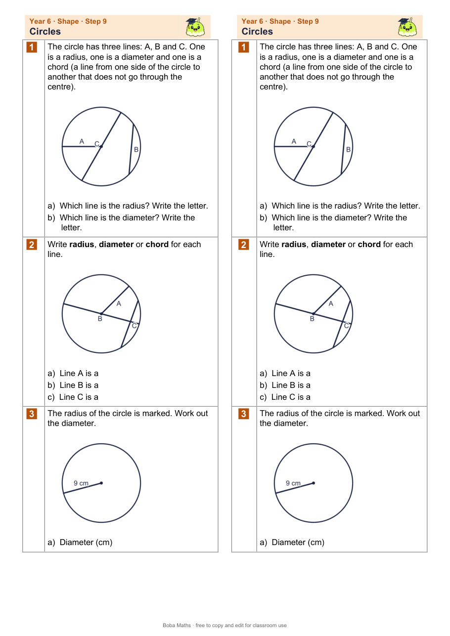 First page of the not scaffolded Circles sheet, printed twice side by side