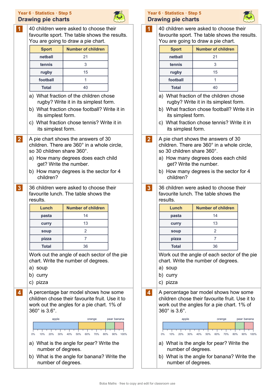 First page of the not scaffolded Drawing pie charts sheet, printed twice side by side