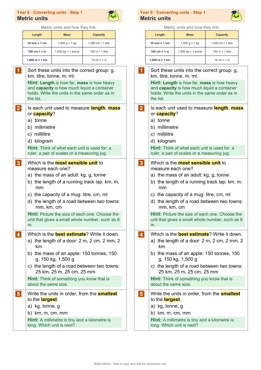 First page of the scaffolded Metric units sheet, printed twice side by side