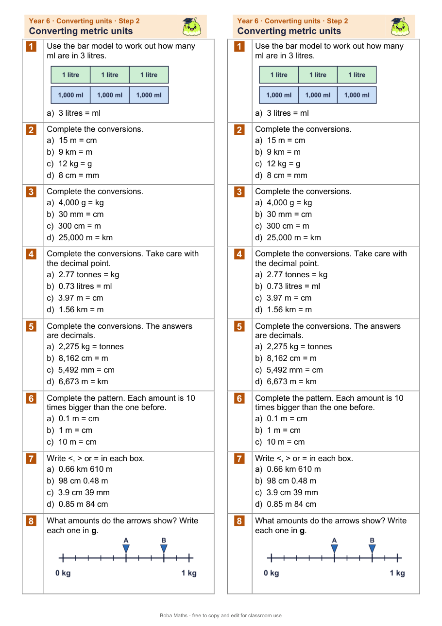 First page of the not scaffolded Converting metric units sheet, printed twice side by side