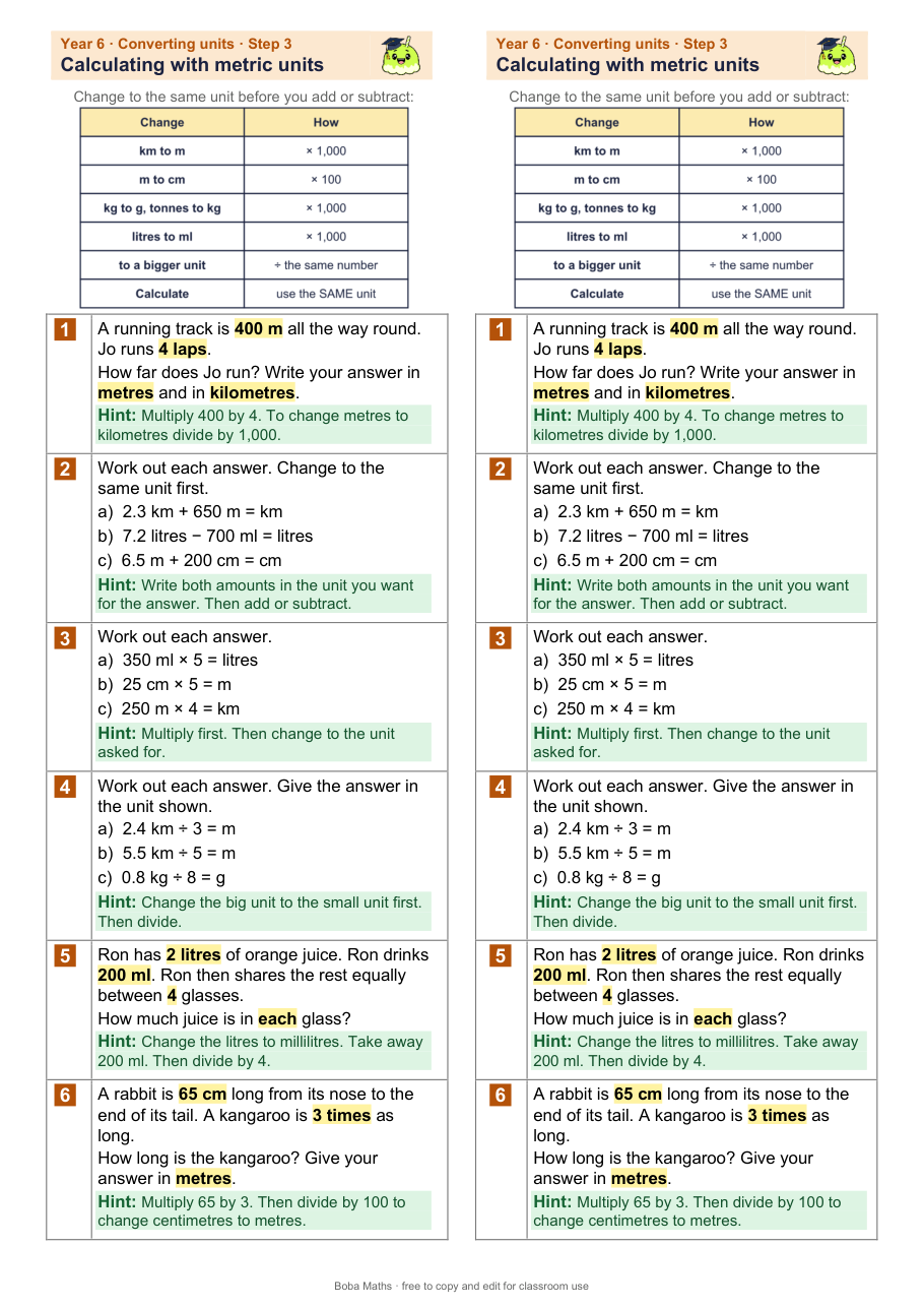 First page of the scaffolded Calculating with metric units sheet, printed twice side by side