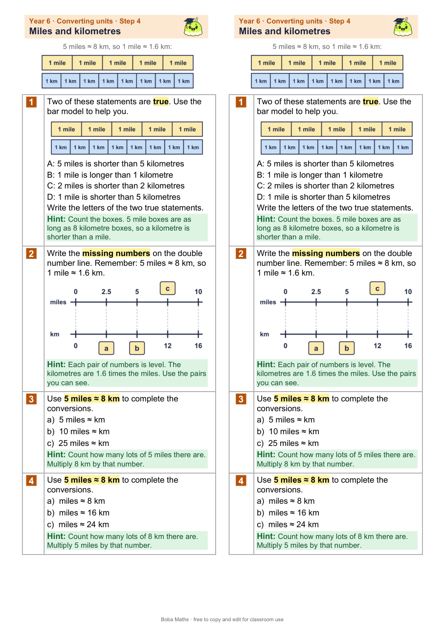 First page of the scaffolded Miles and kilometres sheet, printed twice side by side