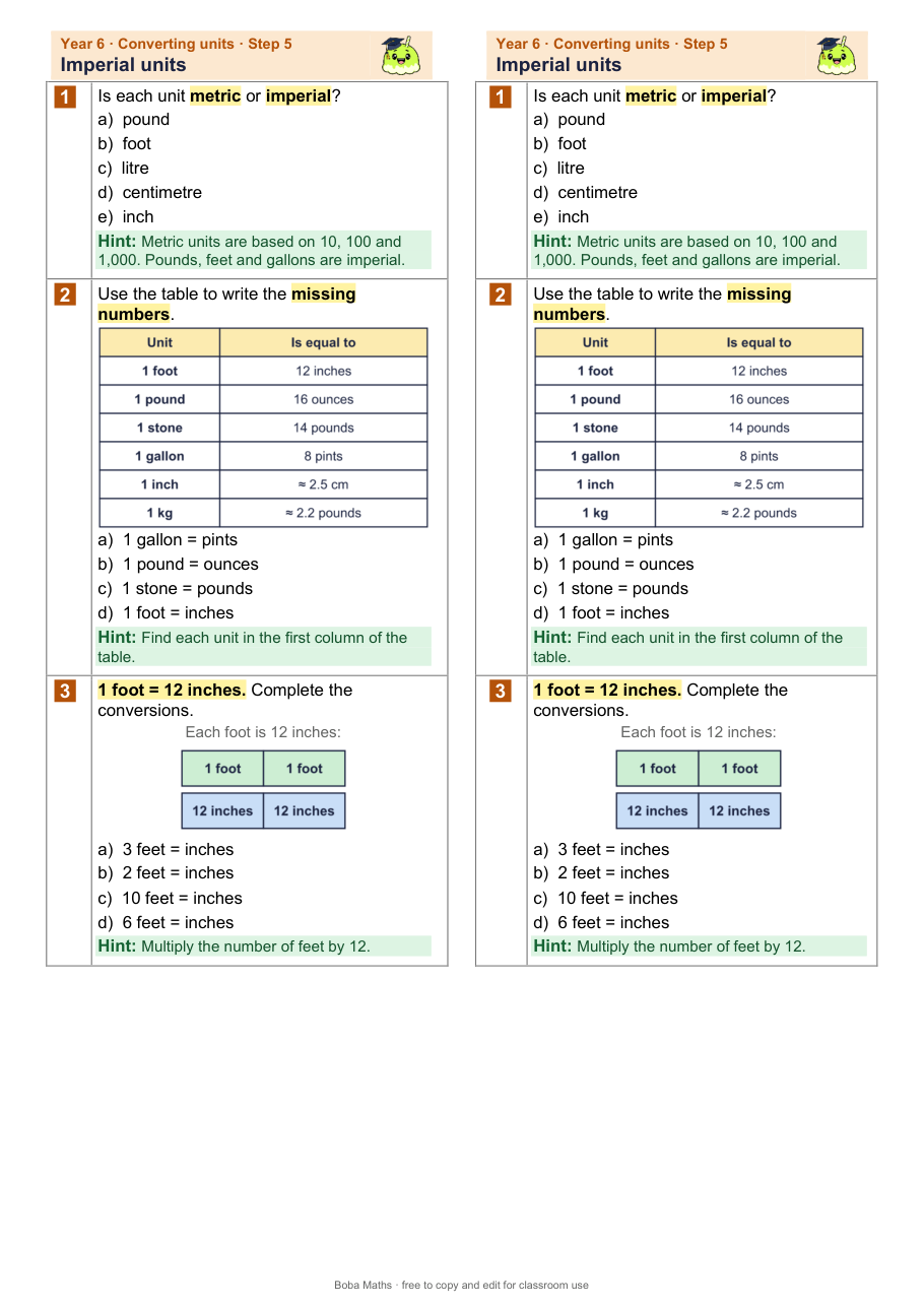 First page of the scaffolded Imperial units sheet, printed twice side by side